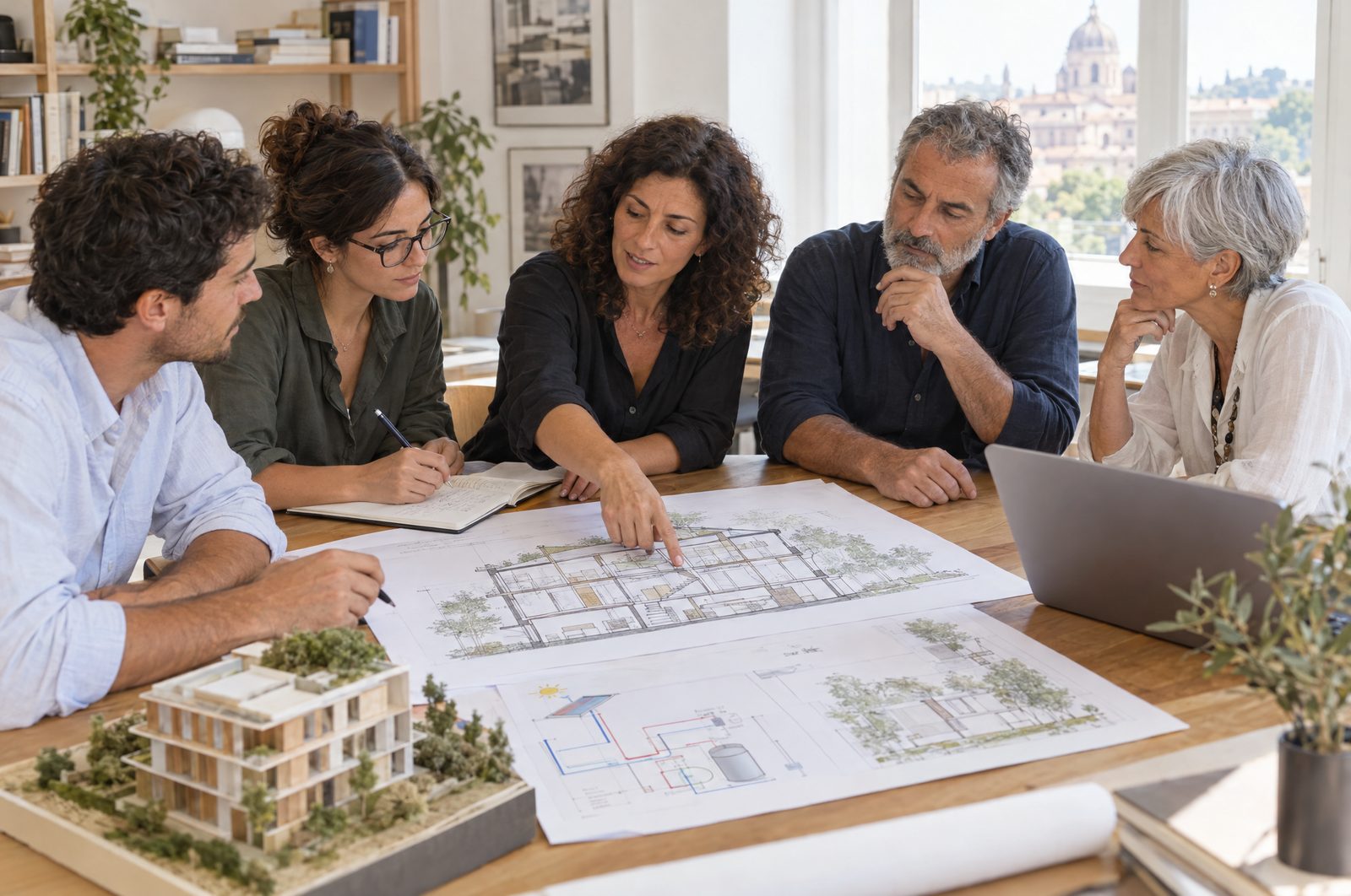 Progettisti al tavolo con disegni di sezione e schema impiantistico